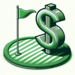 A dollar sign embedded within a putting green or next to a golf flag
