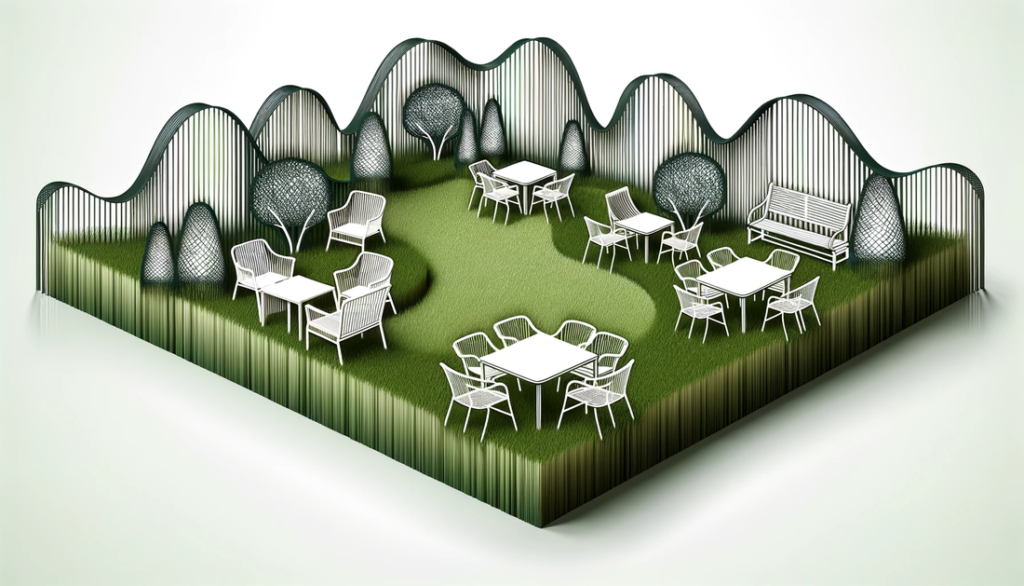 Landscape illustration of a clean divider with silhouettes of garden furniture elements, such as chairs and tables, interwoven with strands of artificial grass