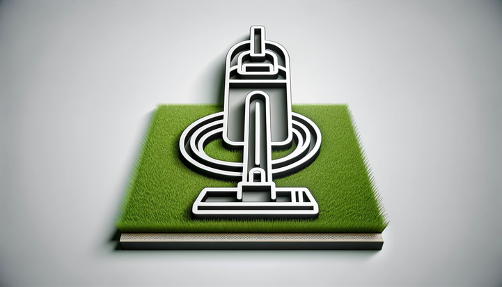 Photo visualization of a sleek, modern icon of a vacuum cleaner with subtle motion lines indicating its suction, placed over a patch of artificial grass in a landscape format.