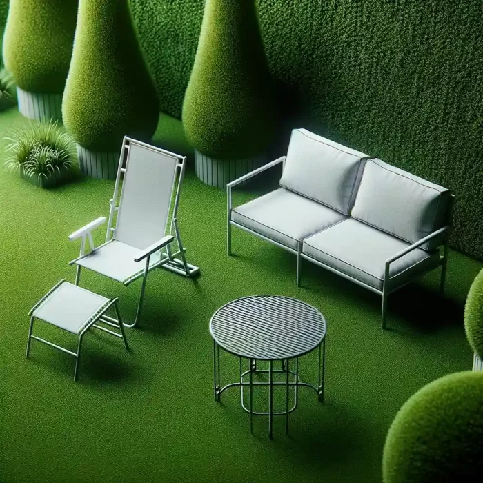 Three garden furniture items on a lush artificial grass background. The items are a folding lawn chair, a sofa made for artificial lawns, and a metal garden table.