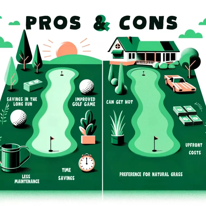 Vector of a before-and-after transformation of a yard. The "before" side shows a yard with patchy, brown grass and the "after" side showcases a lush, green artificial turf landscape with children's toys, a lounge chair, and a small water feature. There's also a thumbs-up icon.