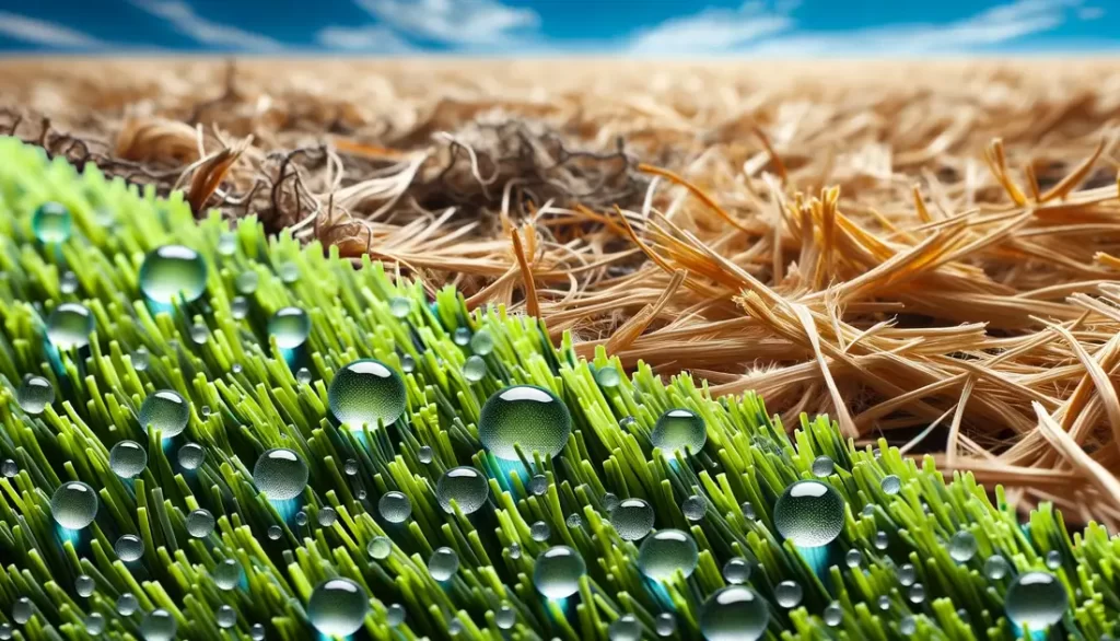 A close-up of synthetic turf fibers with water droplets on them showcasing their eco-friendly aspect. In the background, there's a contrasting image of dried, yellowing natural grass to emphasize the drought issue faced in regions like California.