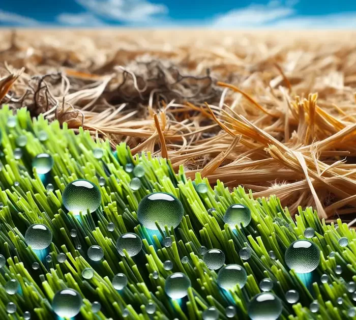 A close-up of synthetic turf fibers with water droplets on them showcasing their eco-friendly aspect. In the background, there's a contrasting image of dried, yellowing natural grass to emphasize the drought issue faced in regions like California.