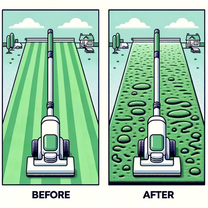 Illustration presenting a before and after scenario of vacuuming artificial grass. The 'before' image presents a pristine, well-maintained turf, while the 'after' image reveals areas of damage and disruption caused by the vacuum.